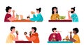 Eating people set of couple friends in restaurant vector illustration isolated. Royalty Free Stock Photo
