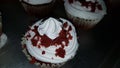 Red velvet creamy cupcake food photography in kitchen