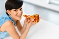 Eating Pizza. Woman Eating Italian Food. Fast Food Nutrition. Li Royalty Free Stock Photo