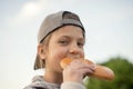 Eating pretzel outdoor Royalty Free Stock Photo