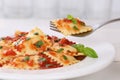 Eating Ravioli with tomato sauce meal with basil Royalty Free Stock Photo