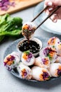 Eating rice paper rolls Royalty Free Stock Photo