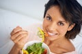 Eating, salad and portrait of happy woman with lunch, nutrition and wellness in diet. Healthy food, fruit and vegetables Royalty Free Stock Photo
