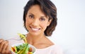 Eating, salad and portrait of happy woman with nutrition, health and wellness in diet. Healthy food, fruit and Royalty Free Stock Photo