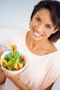 Eating, salad and portrait of happy woman with nutrition, health and wellness in diet. Healthy food, fruit and Royalty Free Stock Photo