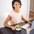 Eating, salad and woman with remote work, laptop and healthy food or nutrition in home and office. Happy, portrait and Royalty Free Stock Photo