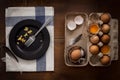 Eating scrambled eggs flat lay still life rustic with food stylish Royalty Free Stock Photo