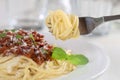 Eating spaghetti Bolognese noodles pasta meal with fork Royalty Free Stock Photo