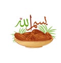 Eating on the Sunnah of the Prophet Mohamed. Translation - with the name of Allah. Dates and palm leaves logo. Ramadan food.