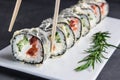 Eating Sushi with chopsticks.Closeup Sushi roll japanese food in restaurant