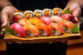 Sushi Plate, Fish Maki Rolls, Japan Seafood, Sushi Set, Asian Dinner, Tradition Nigiri Susi