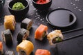 Eating sushi at restaurant, japanese cuisine Royalty Free Stock Photo