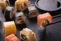 Eating sushi at restaurant, japanese cuisine Royalty Free Stock Photo