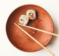 Eating sushi at restaurant, japanese cuisine, Royalty Free Stock Photo