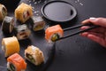 Eating sushi at restaurant, japanese cuisine Royalty Free Stock Photo