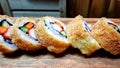 Eating sushi rolls. Japanese food restaurant Royalty Free Stock Photo