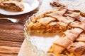 Tasty homemade apple pie. American pie. Apples. Cinnamon. Plate. Linen towel. Wooden background. Top view Royalty Free Stock Photo