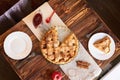 Tasty homemade apple pie. American pie. Apples. Cinnamon. Plate. Linen towel. Wooden background. Top view Royalty Free Stock Photo