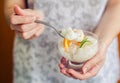 Eating tapioca pudding Royalty Free Stock Photo