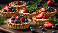 eating tartlets cream, strawberries, cake blueberries mint sweet berry tasty table