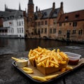 Eating traditional street food - the Belgian Fries outdoors in Europe's old town. Royalty Free Stock Photo