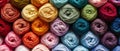 eatly arranged colorful yarn rolls in bright and pastel shades