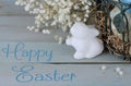 Eatser image includes a green, wire basket with colorful spotted eggs and baby`s breath on a rustic wooden background.