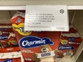 Toilet paper Charmin brand shown is nearly out of stock at a Target store due to the Coronavirus COVID-19 Pandemic