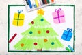 Eautiful Christmas card with Christmas tree and gifts