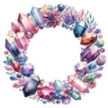 eautiful colorful crystal gem round frame wealth symbol watercolor paint