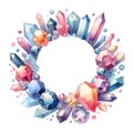 eautiful colorful crystal gem round frame wealth symbol watercolor paint