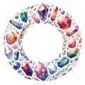 eautiful colorful crystal gem round frame wealth symbol watercolor paint