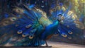 eautiful glowing Peacock with shinning feathers flying in the air