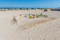 Eautiful landscape view of Miami South Beach coast line. Atlantic Ocean, Cute view of colorful sand toys on sandy beach.