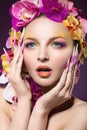 Eautiful woman with hair made of flowers and long nails Royalty Free Stock Photo