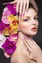 Eautiful woman with hair made of flowers and long nails Royalty Free Stock Photo