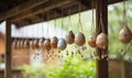 eaves of house hanging wind chimes