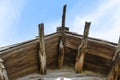 Eaves of on old pioneer log cabin as seen from the ground Royalty Free Stock Photo