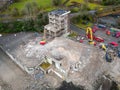 EBBW VALE, WALES - FEBRUARY 03 2023: Aerial view of the demolition of the old council offices in the centre of the town as part of