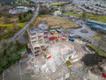 EBBW VALE, WALES - FEBRUARY 03 2023: Aerial view of the demolition of the old council offices in the centre of the town as part of