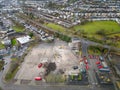 EBBW VALE, WALES - FEBRUARY 03 2023: Aerial view of the demolition of the old council offices in the centre of the town as part of