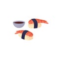 Ebi nigiri with soy sauce in bowl. Asian sushi with rice ball and shrimp, wrapped in nori strip. Japanese seafood Royalty Free Stock Photo