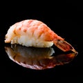 Ebi sushi, Japanese shrimp on Japanese rice. Japanese tradition food, black isolated background