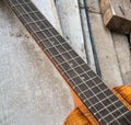 Ebony finger board of curly koa ukulele gloss finished against w Royalty Free Stock Photo