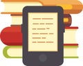 Ebook reader displaying text is placed next to a stack of colorful books, symbolizing the transition from traditional paper books