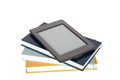 Ebook reader with empty screen on top of paper books. Royalty Free Stock Photo