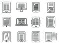 Ebook reader icons set, outline style