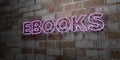 EBOOKS - Glowing Neon Sign on stonework wall - 3D rendered royalty free stock illustration