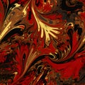 Ebru paintinfg texture seamless pattern. Gold, red, dark abstract background. Seamless liquid fluid. Mrbling style effect.