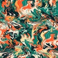 Ebru paintinfg texture seamless pattern. Green, white, black, orange abstract background. Seamless liquid fluid. Mrbling style